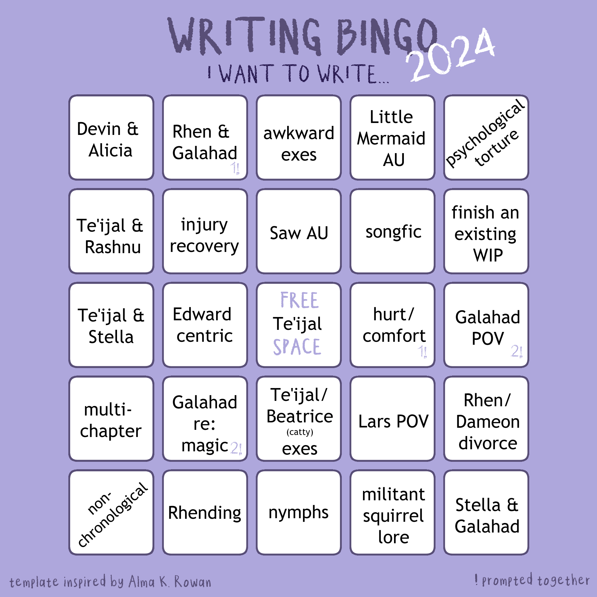 An 'I want to write' 5 by 5 bingo. The template is inspired by Alma K. Rowan. The prompts are: Devin & Alicia, Rhen & Galahad, awkward exes, Little Mermaid AU, psychological torture, Te'ijal & Rashnu, injury recovery, Saw AU, songfic, finish an existing WIP, Te'ijal & Stella, Edward centric, Free Space: Te'ijal, hurt/comfort, Galahad POV, multi-chapter, Galahad re: magic, Te'ijal/Beatrice (catty) exes, Lars POV, Rhen/Dameon divorce, non-chronological, Rhending, nymphs, militant squirrel lore, Stella & Galahad. A note in the corner marks that Rhen & Galahad and hurt/comfort were prompted together, as were Galahad POV and Galahad re: magic.