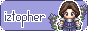iztopher's button, featuring pixels of a white person with long brown hair wearing purple armor, surrounded by lavender sprigs.