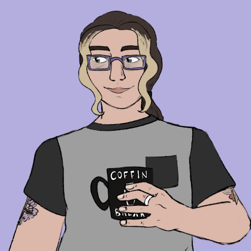 A digital self portrait of myself, Darwin, holding a coffee mug. I'm a white woman in my mid-20s, depicted with long brown hair and prominent eyebags. I'm wearing purple glasses, a simple t-shirt, and an aromantic pride ring. I have several tattoos on my wrist and arms. The coffee mug is black with a white graphic of a coffin on it and text reading Coffin Break.