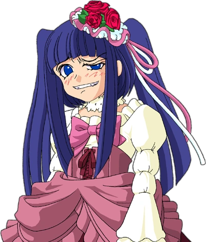 Erika Furudo from Umineko, making an exaggerated expression where she narrows one eye and widens the other while biting her lip.