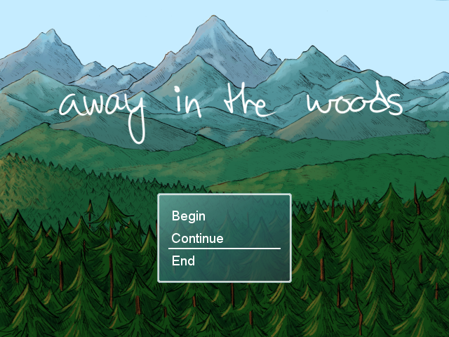 Digital artwork of blue-green mountains in the distance, surrounded by a rich green forest in the foreground. The text reads away in the woods in white.