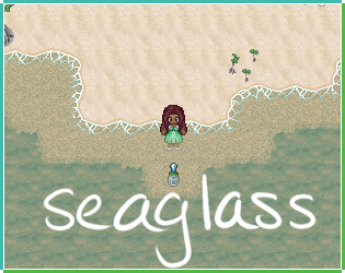 A pixel screenshot of Eliot, a young person with dark red-brown hair and light brown skin, standing in front of the ocean. A message in a bottle floats in the water in front of them. It says seaglass on it.