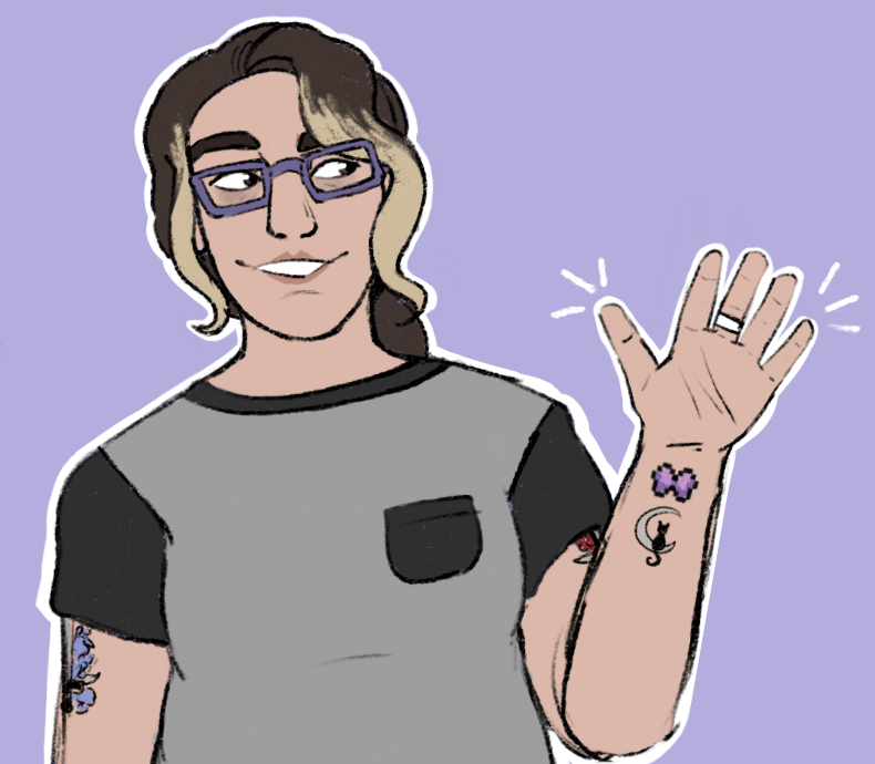A digital self portrait of myself, Darwin, waving. I'm a white woman in my mid-20s, depicted with long brown hair and prominent eyebags. I'm wearing purple glasses, a simple t-shirt, and an aromantic pride ring. I have several tattoos on my wrist and arms.