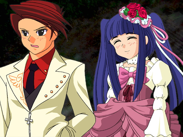 Battler and Erika standing next to each other in the original Umineko sprite style.