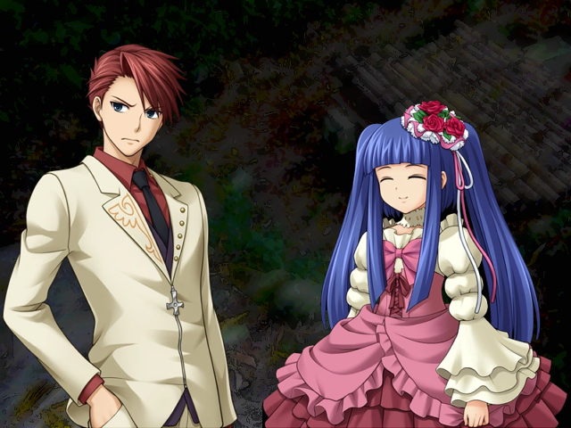 Battler and Erika standing next to each other in the PS3 Umineko sprite style.
