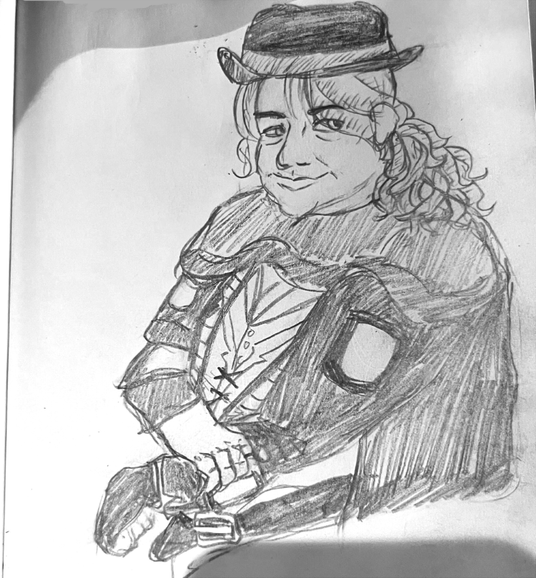 A pencil sketch of Joanna, a fat older woman with light skin and a gray braid. She wears a partly unbuttoned shirt and open vest, with a padded jacket and cape layered over. She also wears a short but wide-brimmed hat and a glove on her right hand.